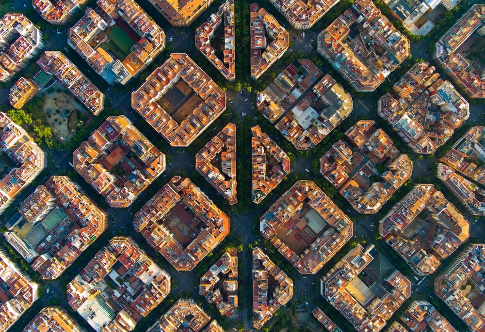 cluster of buildings in a grid